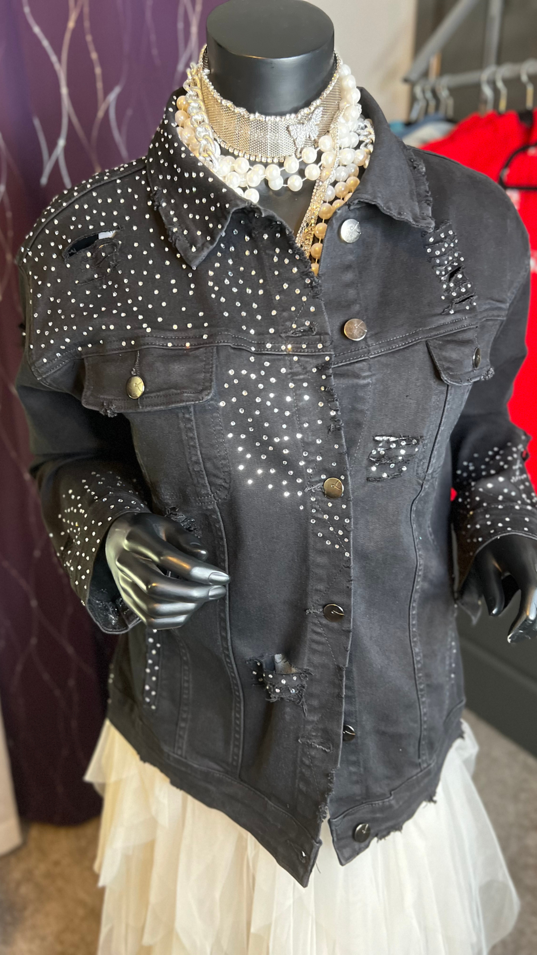 Metallic Crystal Distressed Denim Jacket w Buttons