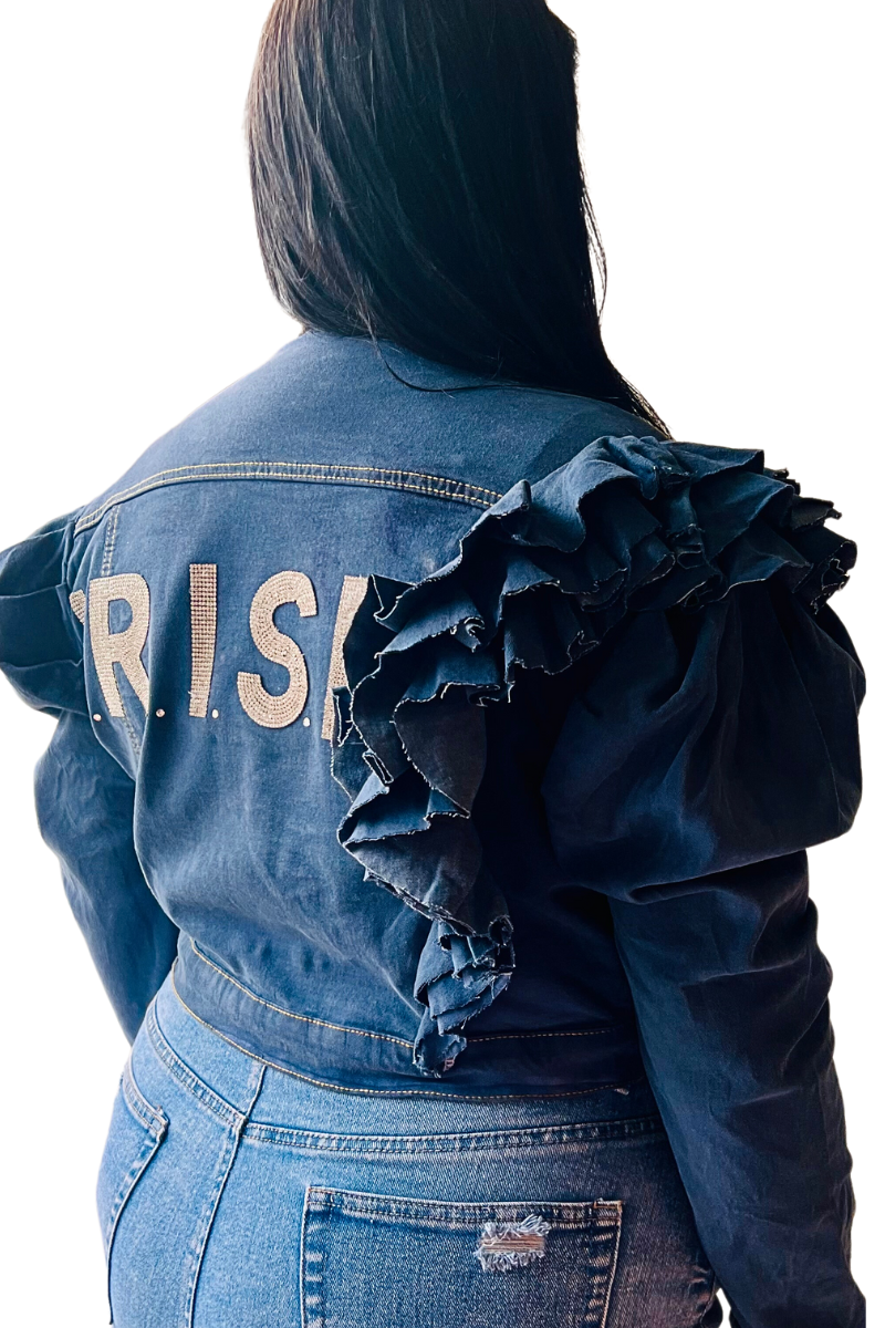 Custom Distressed Rhinestones Ruffle Denim Jacket