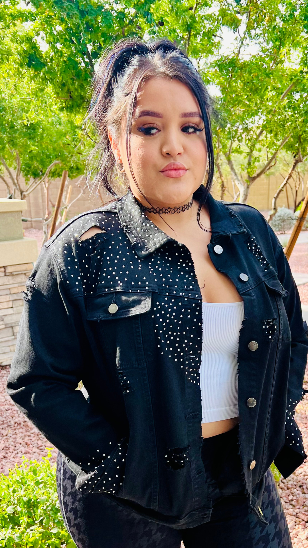 Metallic Crystal Distressed Denim Jacket w Buttons