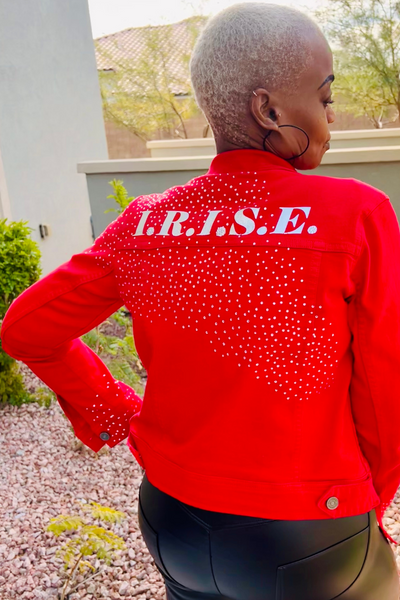 I Realize I'm Strong Enough (I.R.I.S.E.) Custom Distressed Denim Jacket w/ Rhinestones in Red or Black
