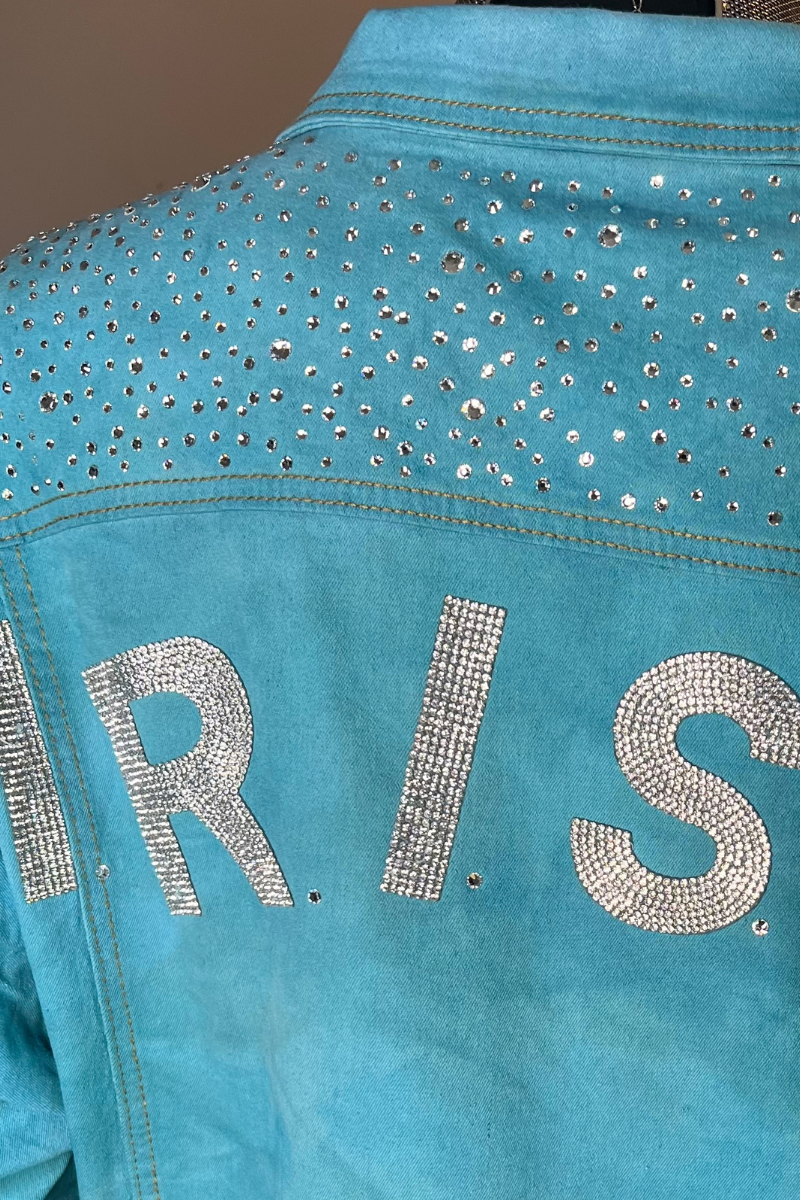 Custom Distressed Rhinestones Ruffle Denim Jacket
