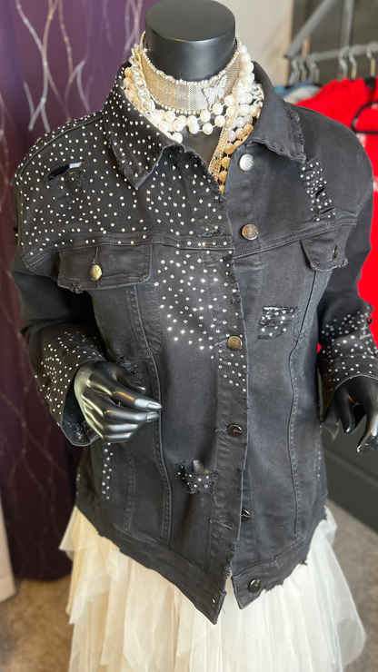 Metallic Crystal Distressed Denim Jacket w Buttons