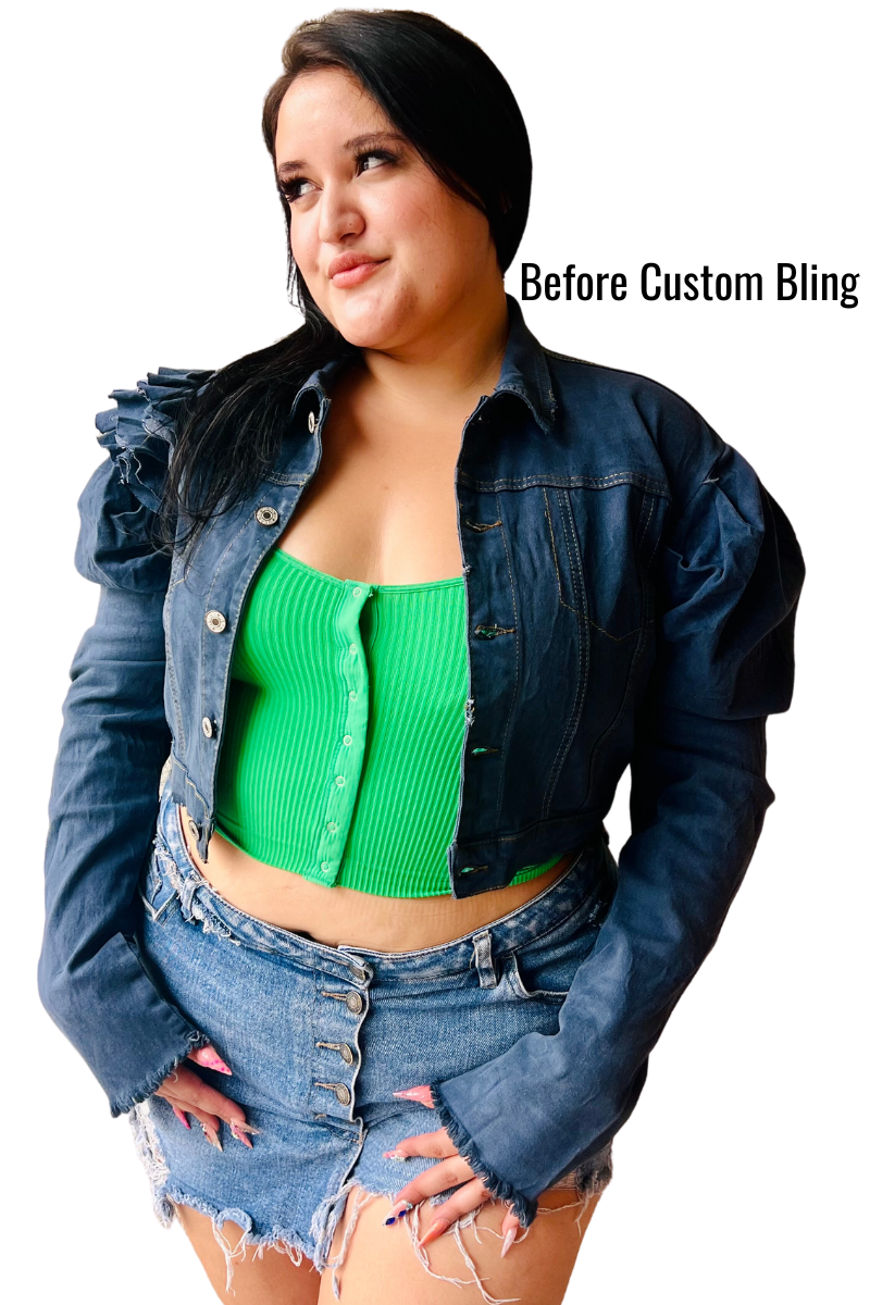 Custom Distressed Rhinestones Ruffle Denim Jacket