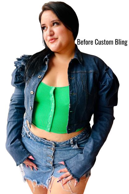 Custom Distressed Rhinestones Ruffle Denim Jacket