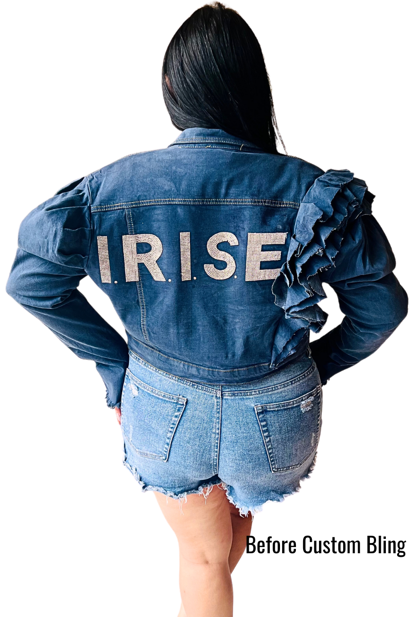 Custom Distressed Rhinestones Ruffle Denim Jacket