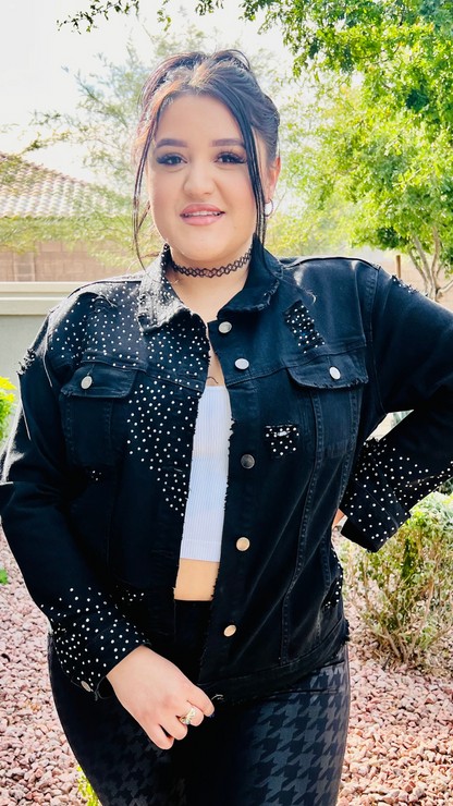 Metallic Crystal Distressed Denim Jacket w Buttons