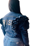 I.R.I.S.E. Bling & Bedazzle Luxe Distressed Ruffle Denim Jacket In Dark Denim Or Teal Colored
