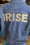 I.R.I.S.E. Bling & Bedazzle Luxe Distressed Ruffle Denim Jacket In Dark Denim Or Teal Colored