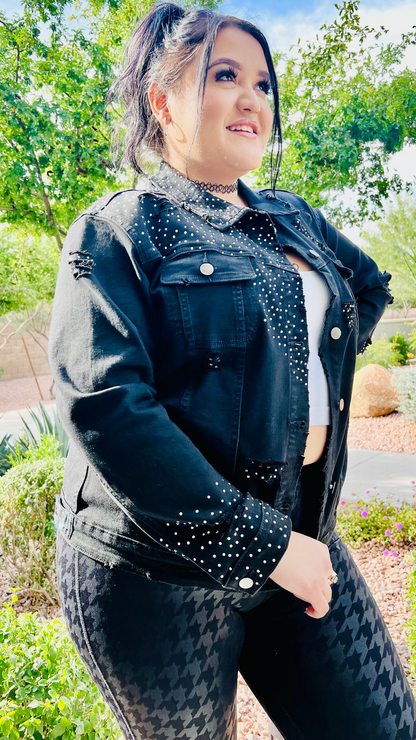 Metallic Crystal Distressed Denim Jacket w Buttons