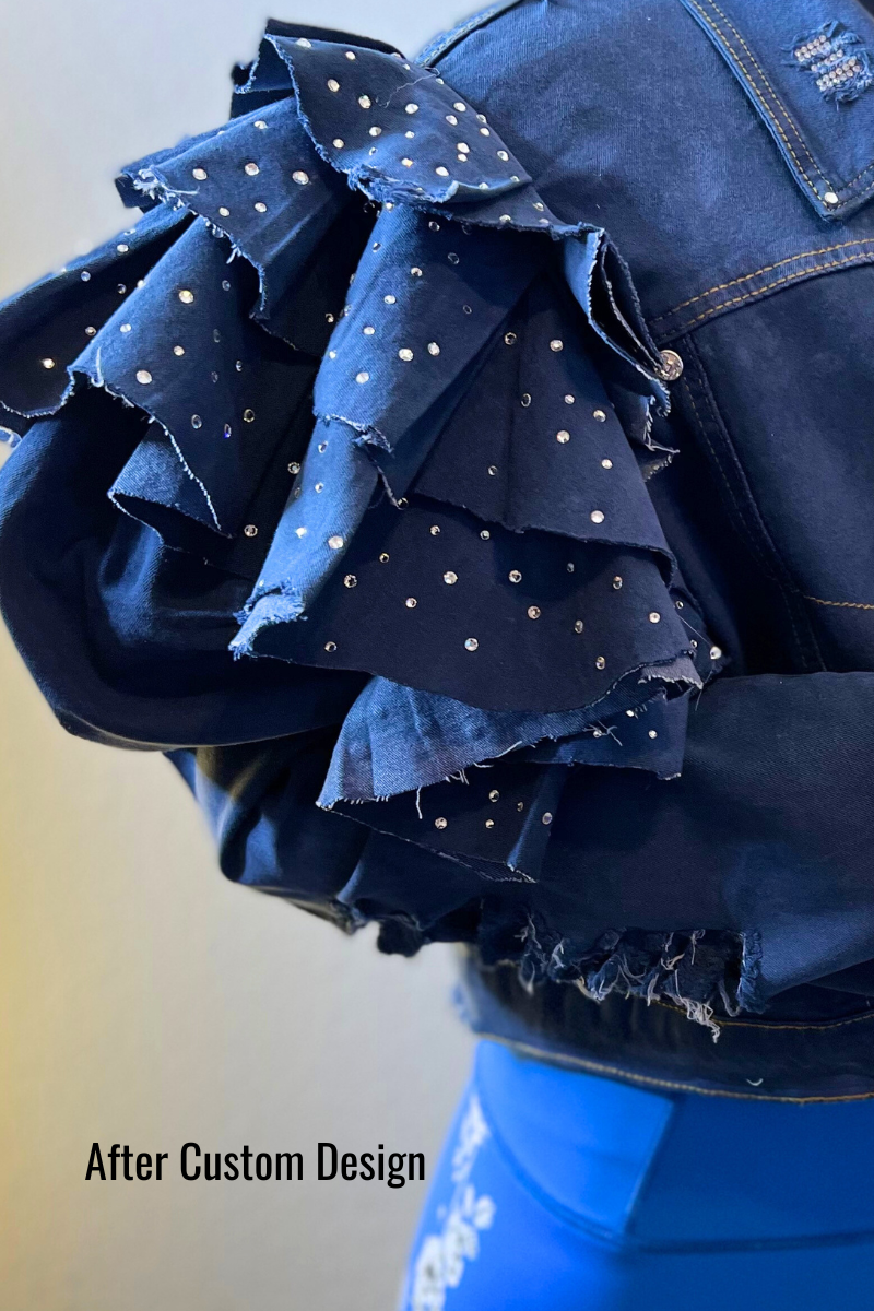 Custom Distressed Rhinestones Ruffle Denim Jacket