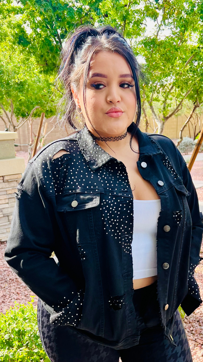 Metallic Crystal Distressed Denim Jacket w Buttons