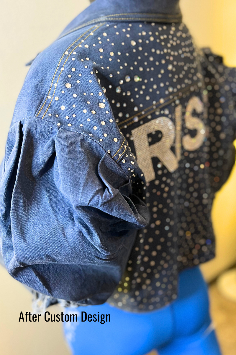 Custom Distressed Rhinestones Ruffle Denim Jacket