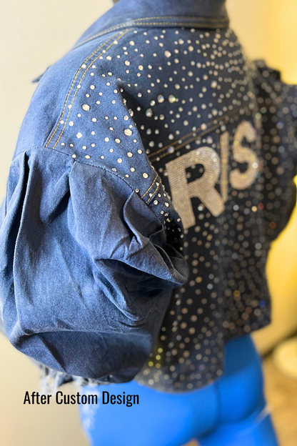 Custom Distressed Rhinestones Ruffle Denim Jacket