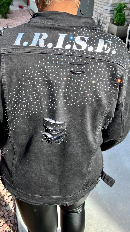 Metallic Crystal Distressed Denim Jacket w Buttons