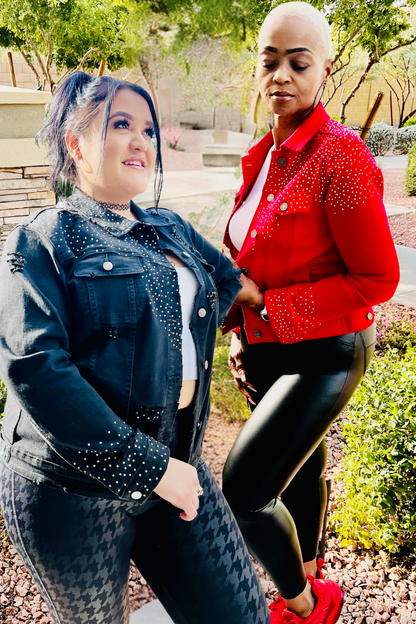 Metallic Crystal Distressed Denim Jacket w Buttons